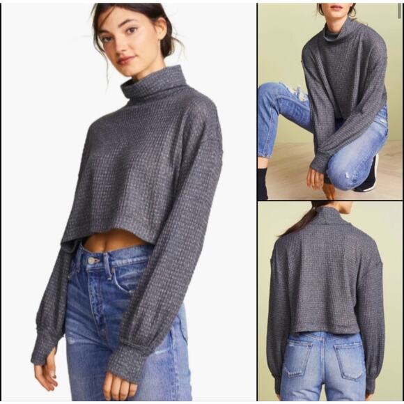 Free People Crop Waffle Knit Mock Neck Oversized Grey Medium Thumb Holes - Picture 1 of 11